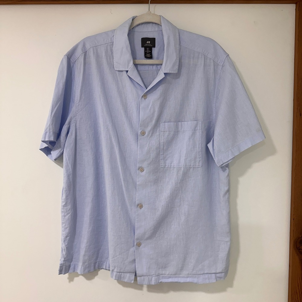 H&M Linen Cotton Blend Camp Collar Shirt Mens L Light Blue Short Sleeve Coastal